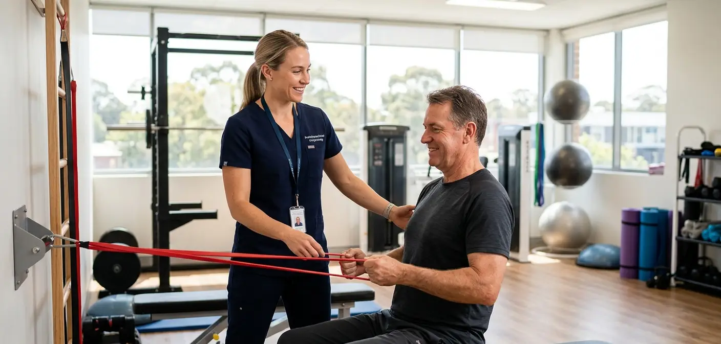 Exercise physiologist guiding a patient through a prehabilitation program at DESA Consulting in Narre Warren, Melbourne
